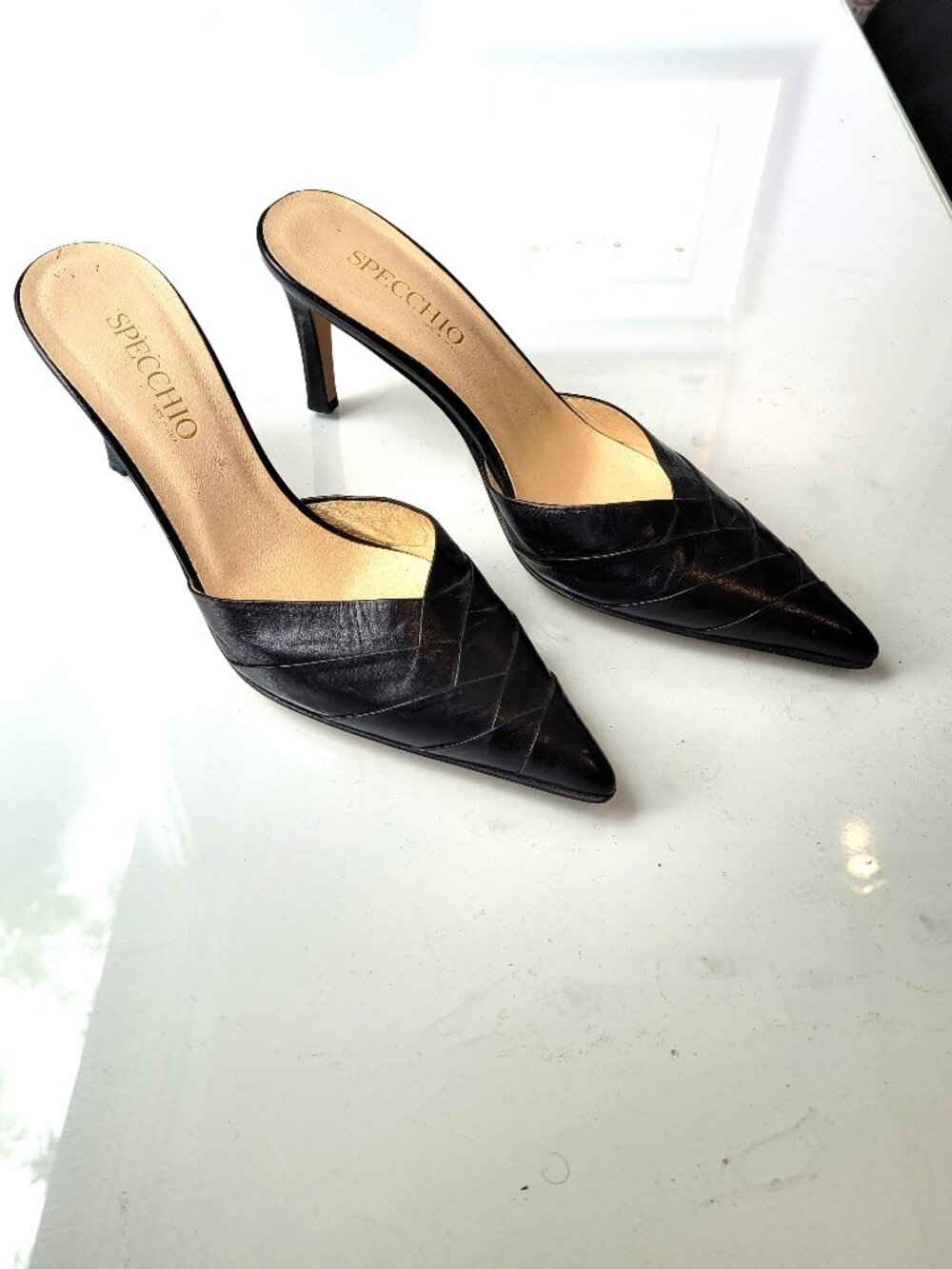Specchio Black Leather Heeled Mules Size EU 36.5